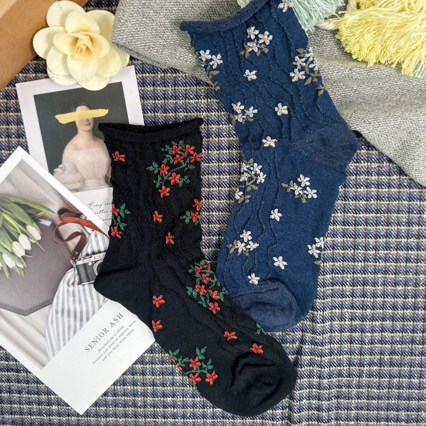 Women's Crew Ruffle Flower Socks, multiple colorways