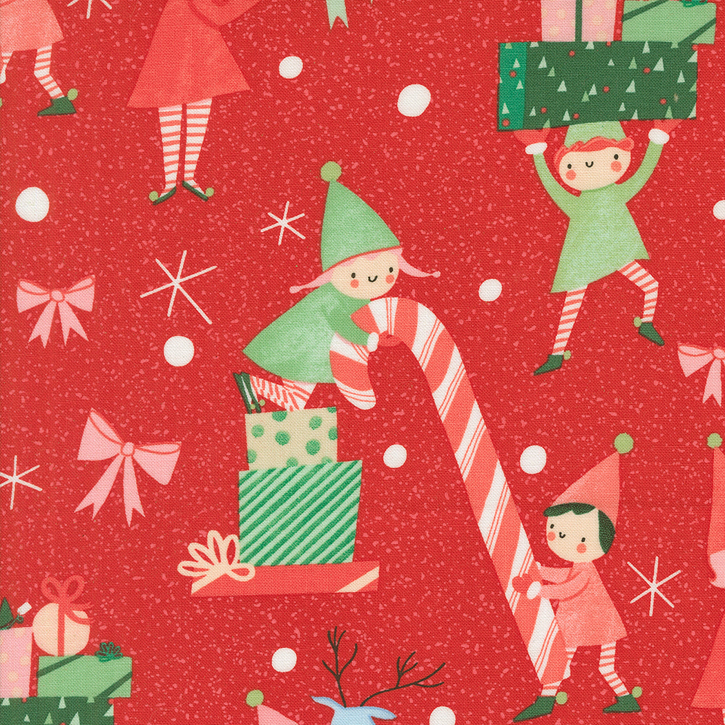 Lizzie House, Tiny Christmas, Elves on Red, 1/4 yard