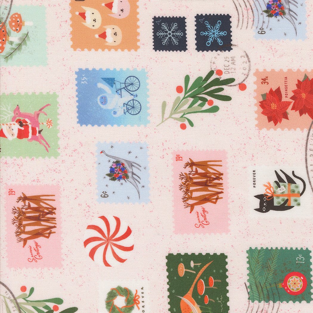 Lizzie House, Tiny Christmas, Christmas Stamps on Pink or Red, 1/4 yard