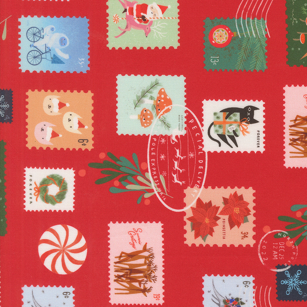Lizzie House, Tiny Christmas, Christmas Stamps on Pink or Red, 1/4 yard