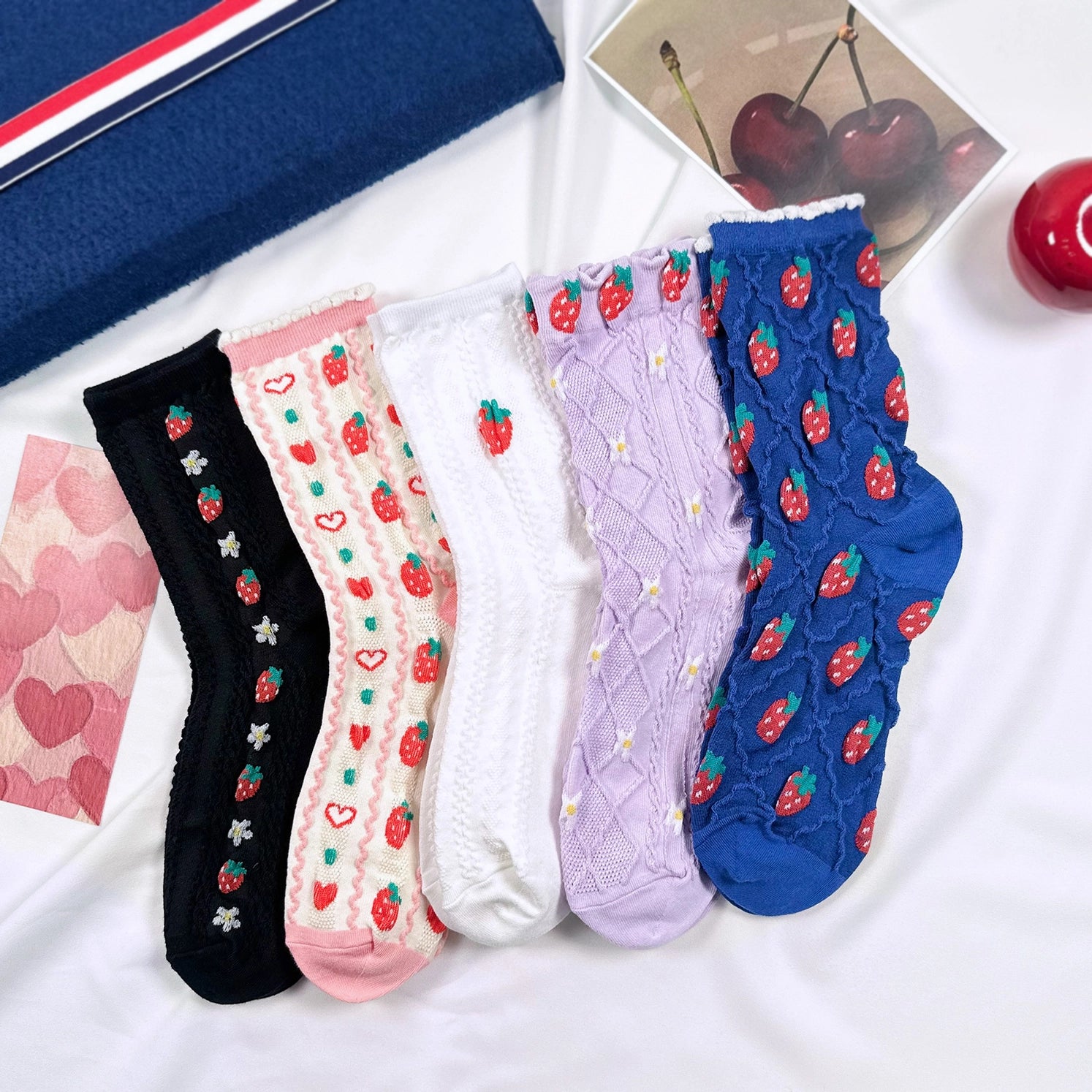 Women's Crew Strawberry Pattern Socks, multiple colorways