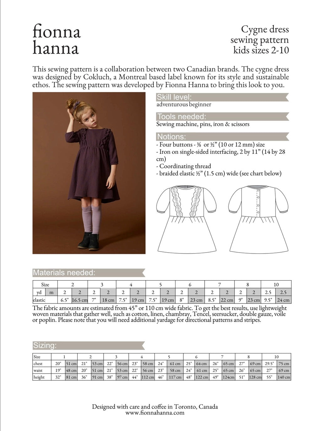 Fionna Hanna Cygne Dress Pattern, kids sizes 2-10 years