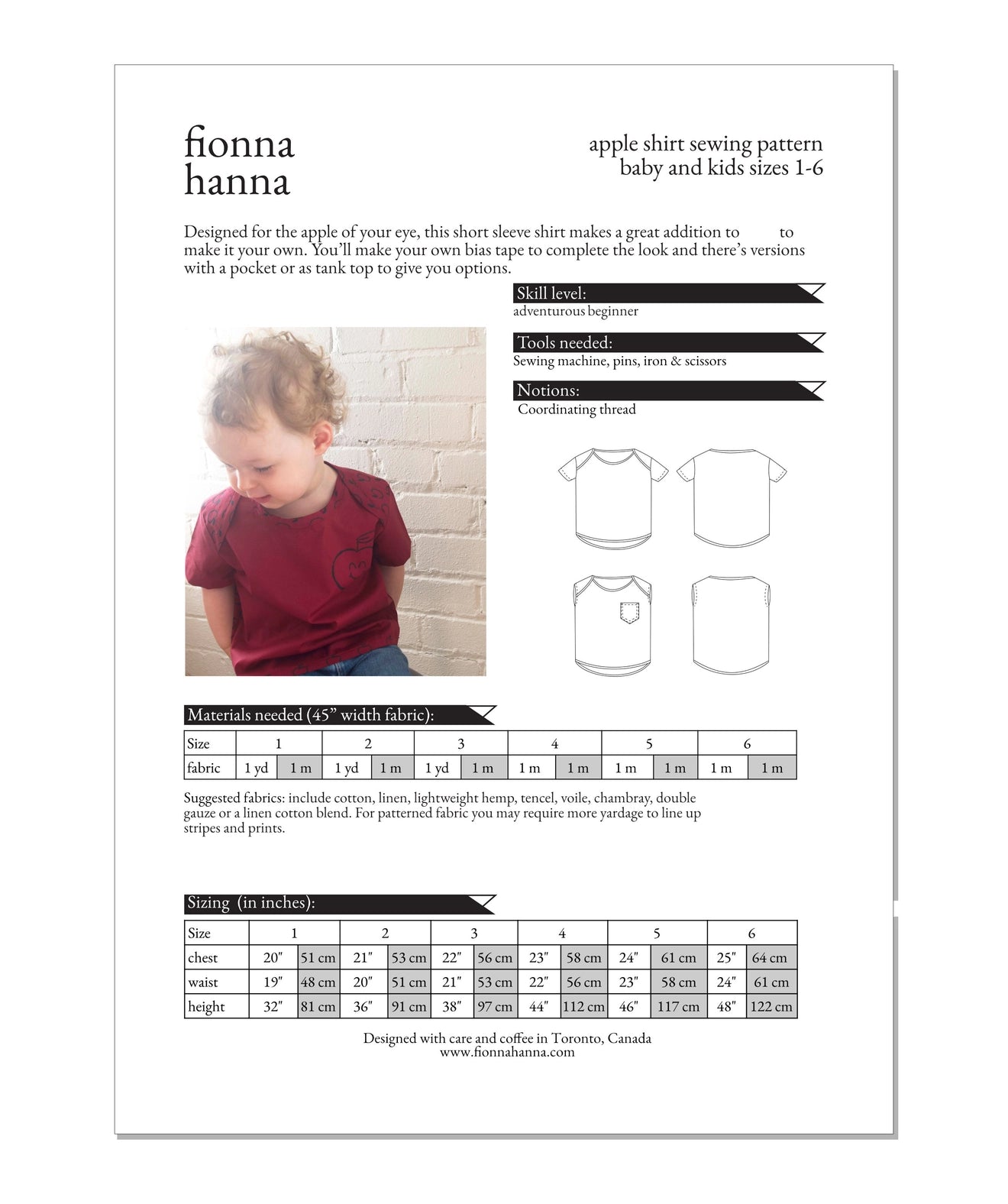 Fionna Hanna Apple Shirt Pattern, kids sizes 2-10