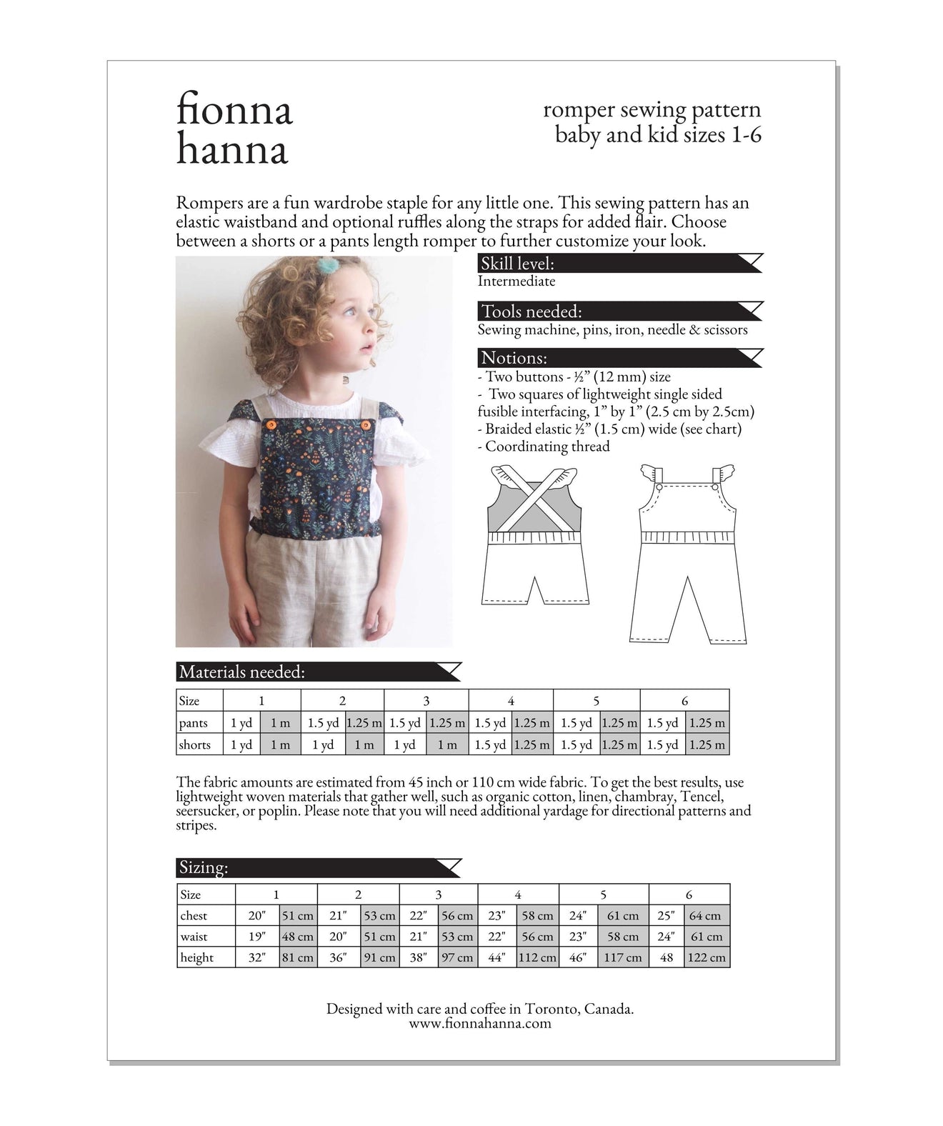 Fionna Hanna Romper Pattern, little kids sizes 1-6