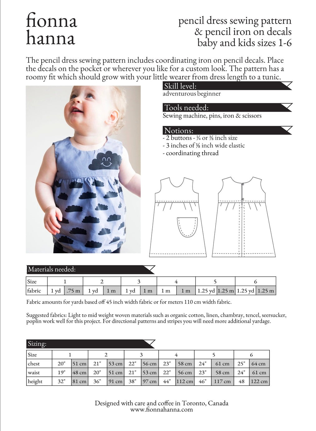 Fionna Hanna Pencil Dress Pattern, kids sizes 1-6 years