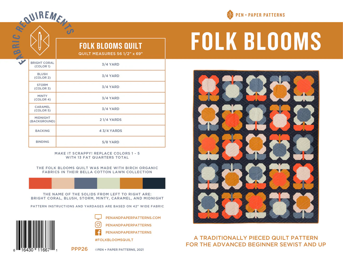 Pen and Paper Folk Blooms Printed Quilt Pattern