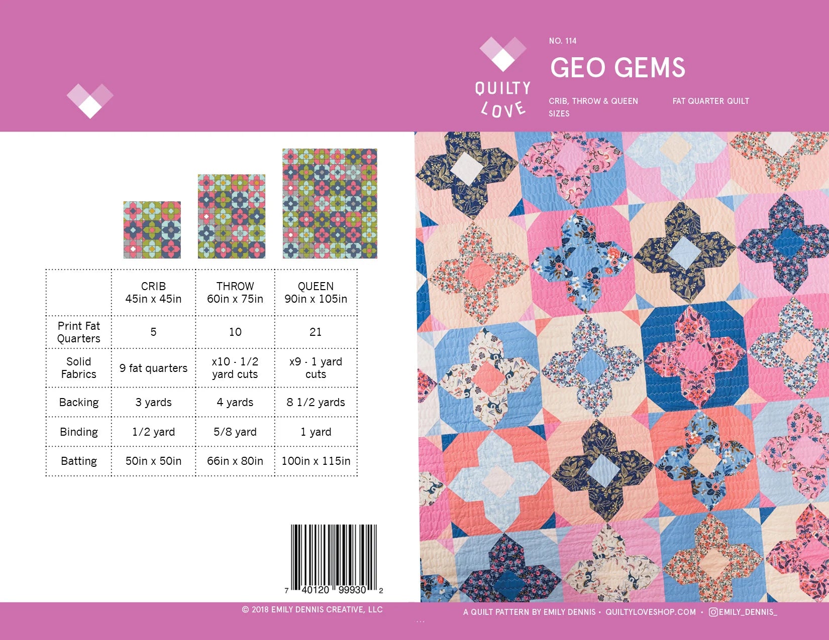 Quilty Love Geo Gems Printed Quilt Pattern