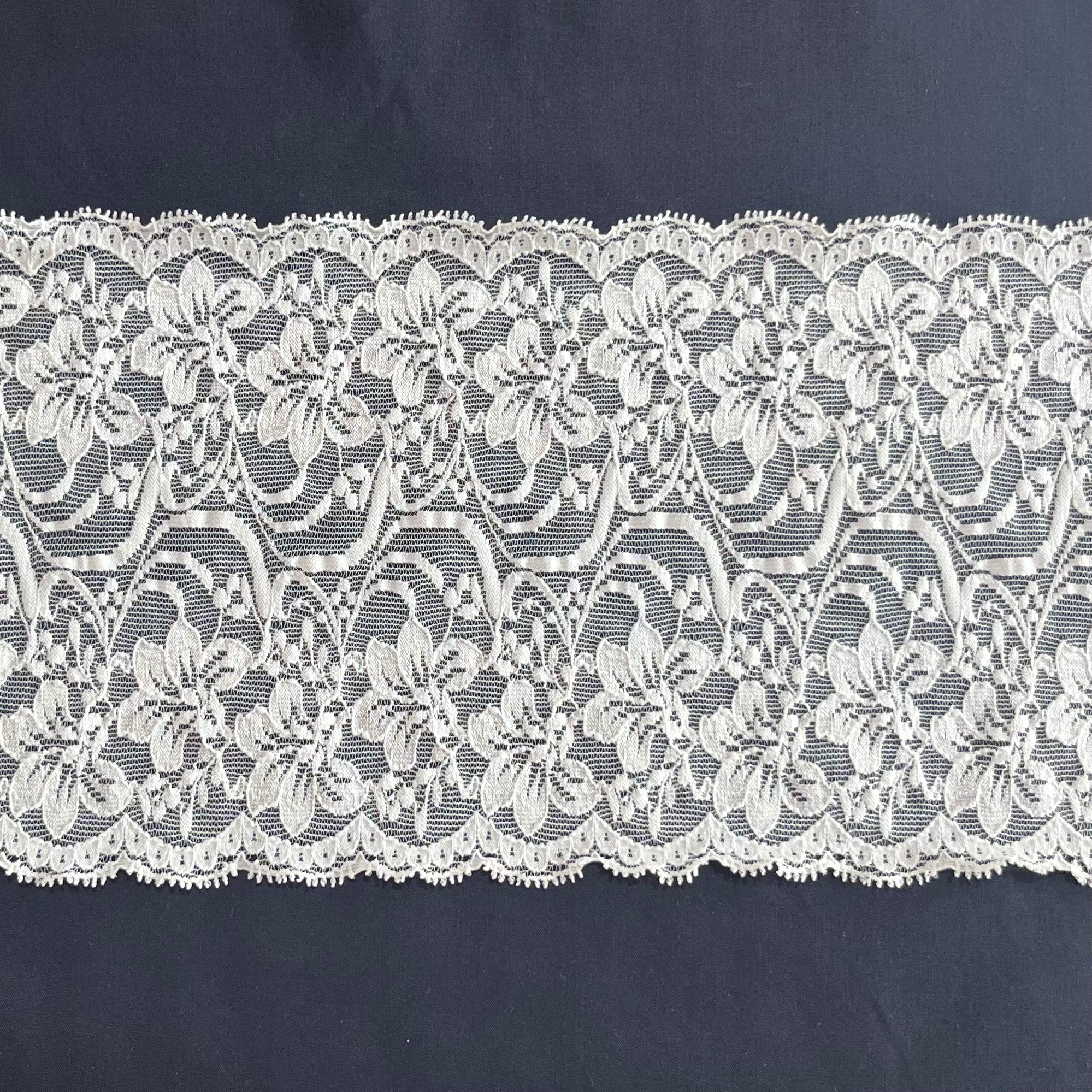 Wide Galloon, Stretch Lace Edge, Nylon Lingerie Elastic Clovers Lilies, 5 1/2" wide , one yard