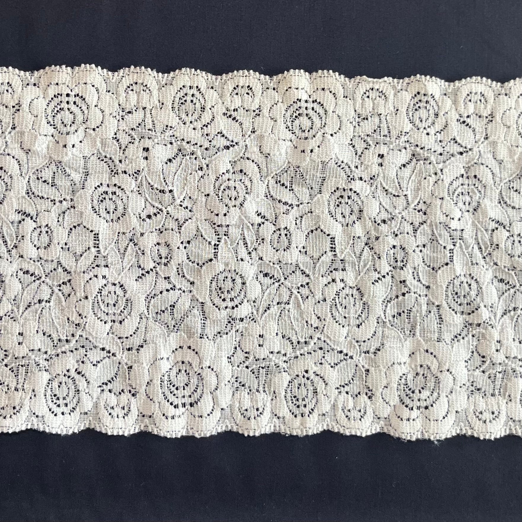 Wide Stretch Lace Galloon Edge, Nylon Lingerie Elastic Peonies, Ivory, 5.25" wide , one yard