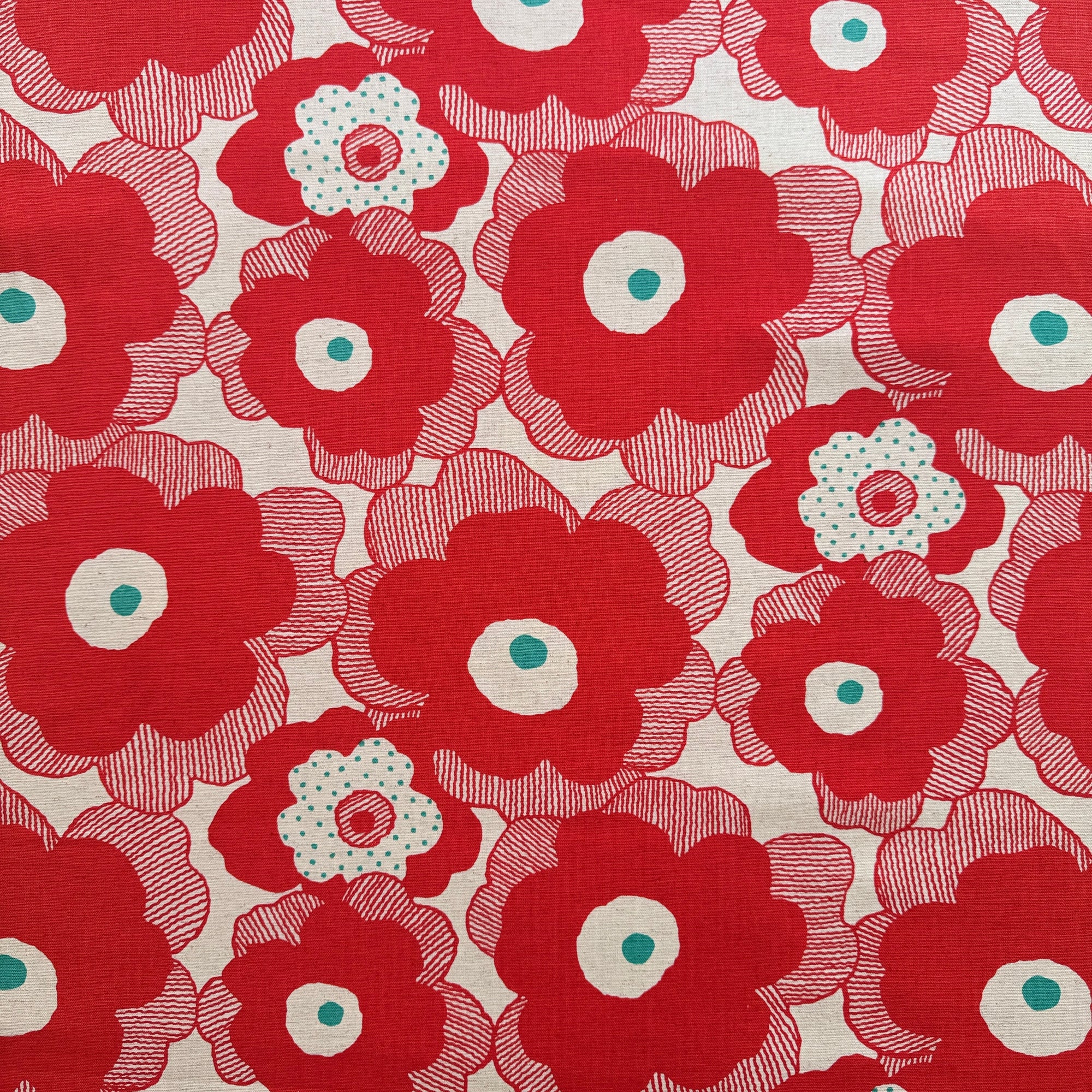 Big Red Flowers, Japanese Canvas Natural Dots Cotton Flax Fabric, 1/4 yard