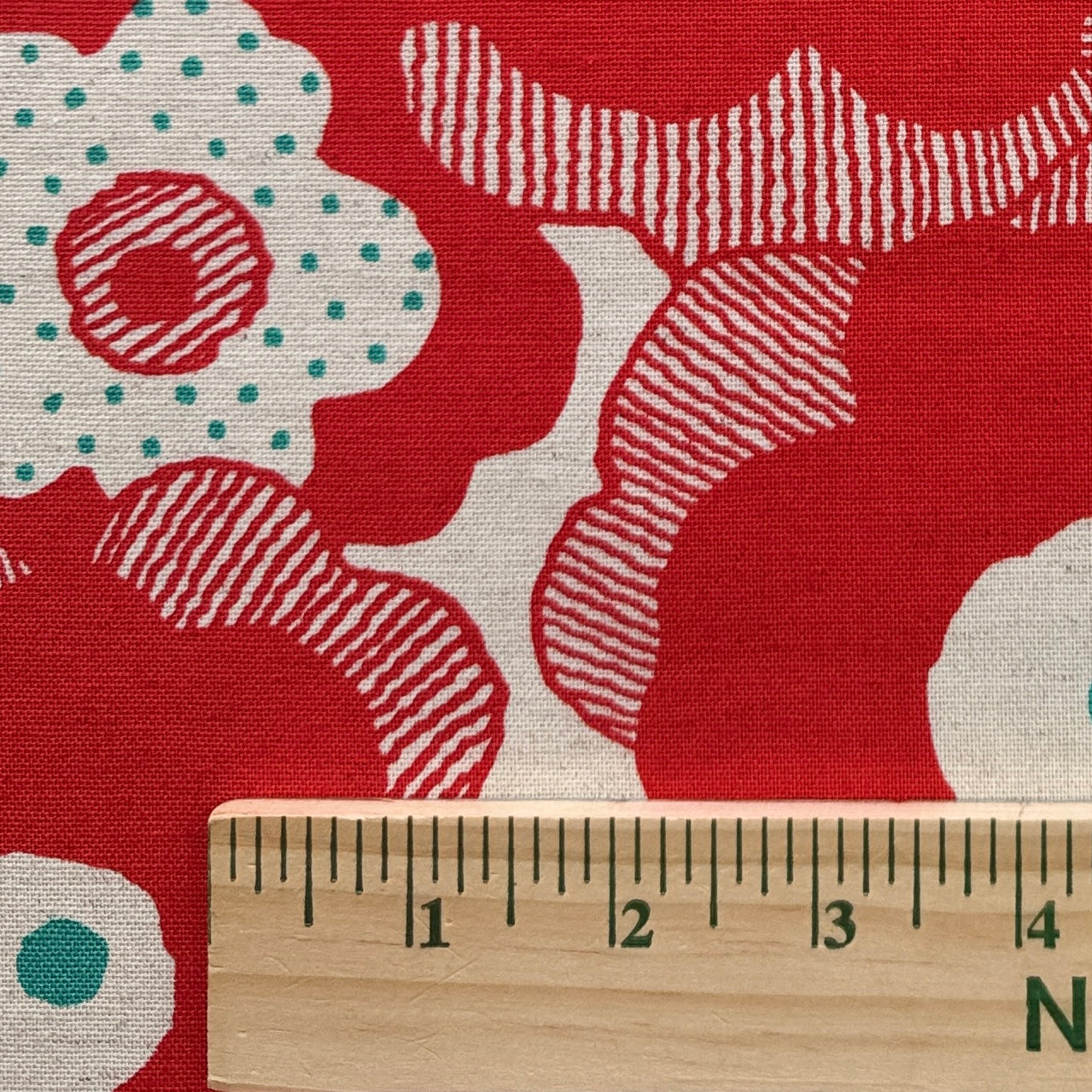 Big Red Flowers, Japanese Canvas Natural Dots Cotton Flax Fabric, 1/4 yard
