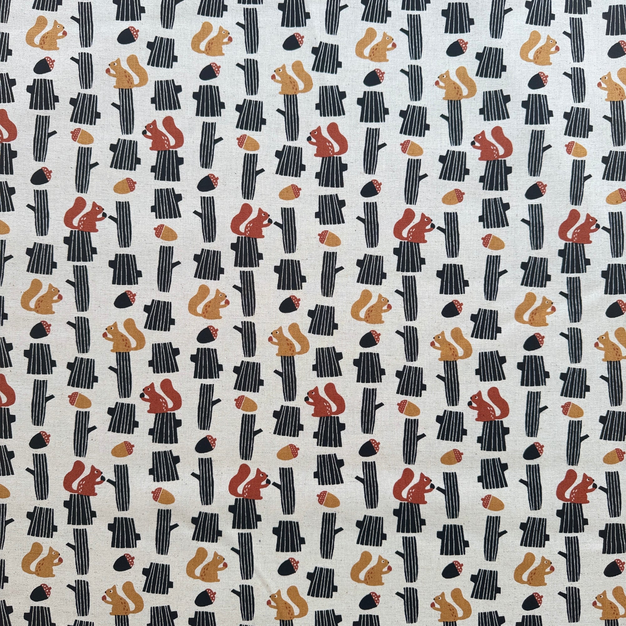 Sevenberry Squirrel on Tree, Cotton Flax Canvas , Black and Brown on Ivory, 1/4 yard