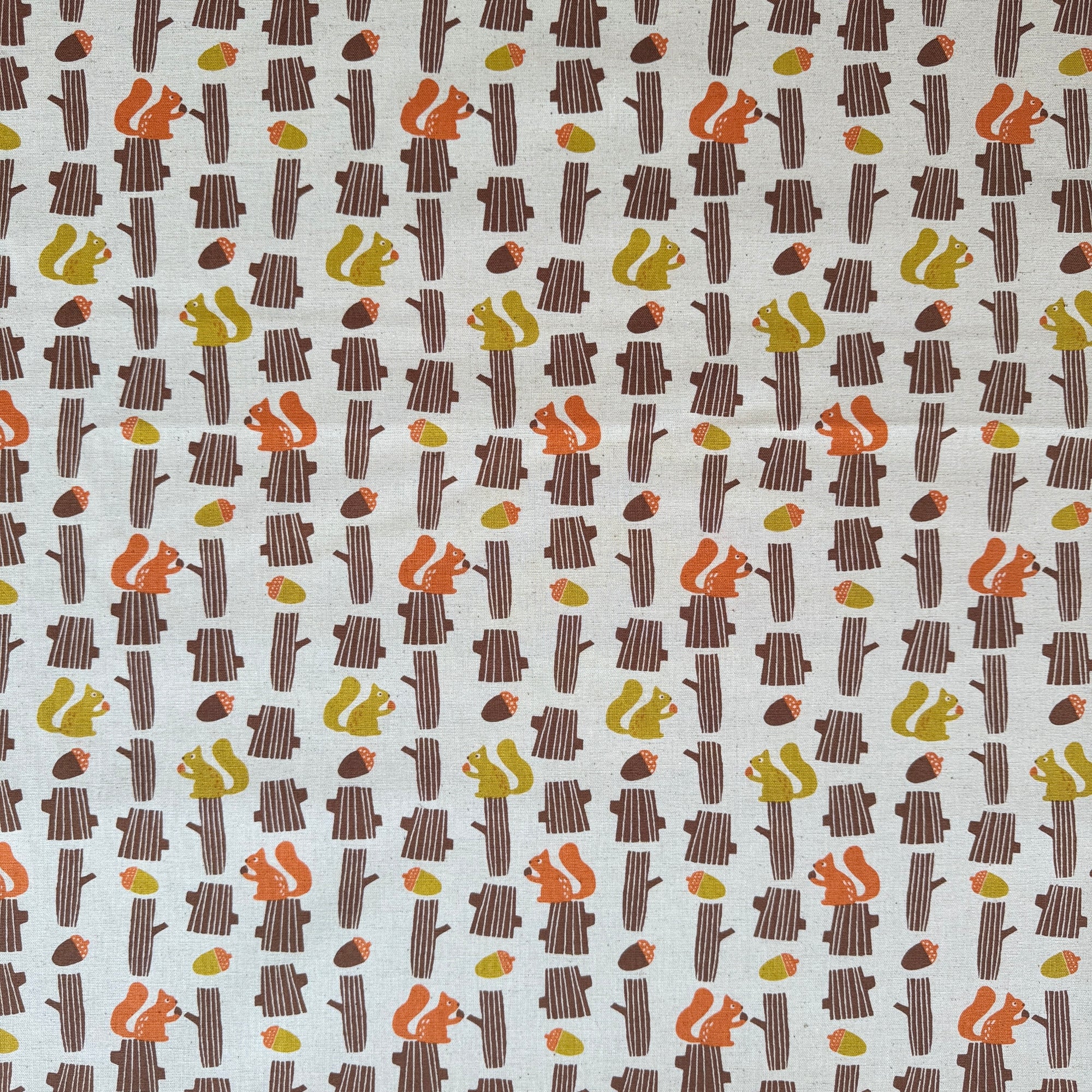 Sevenberry Squirrel on Tree, Cotton Flax Canvas , Gold, Rust and Brown on Flax , 1/4 yard