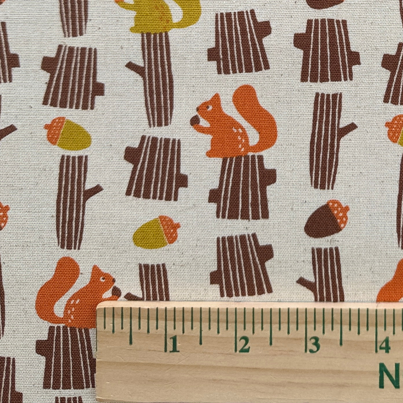 Sevenberry Squirrel on Tree, Cotton Flax Canvas , Gold, Rust and Brown on Flax , 1/4 yard