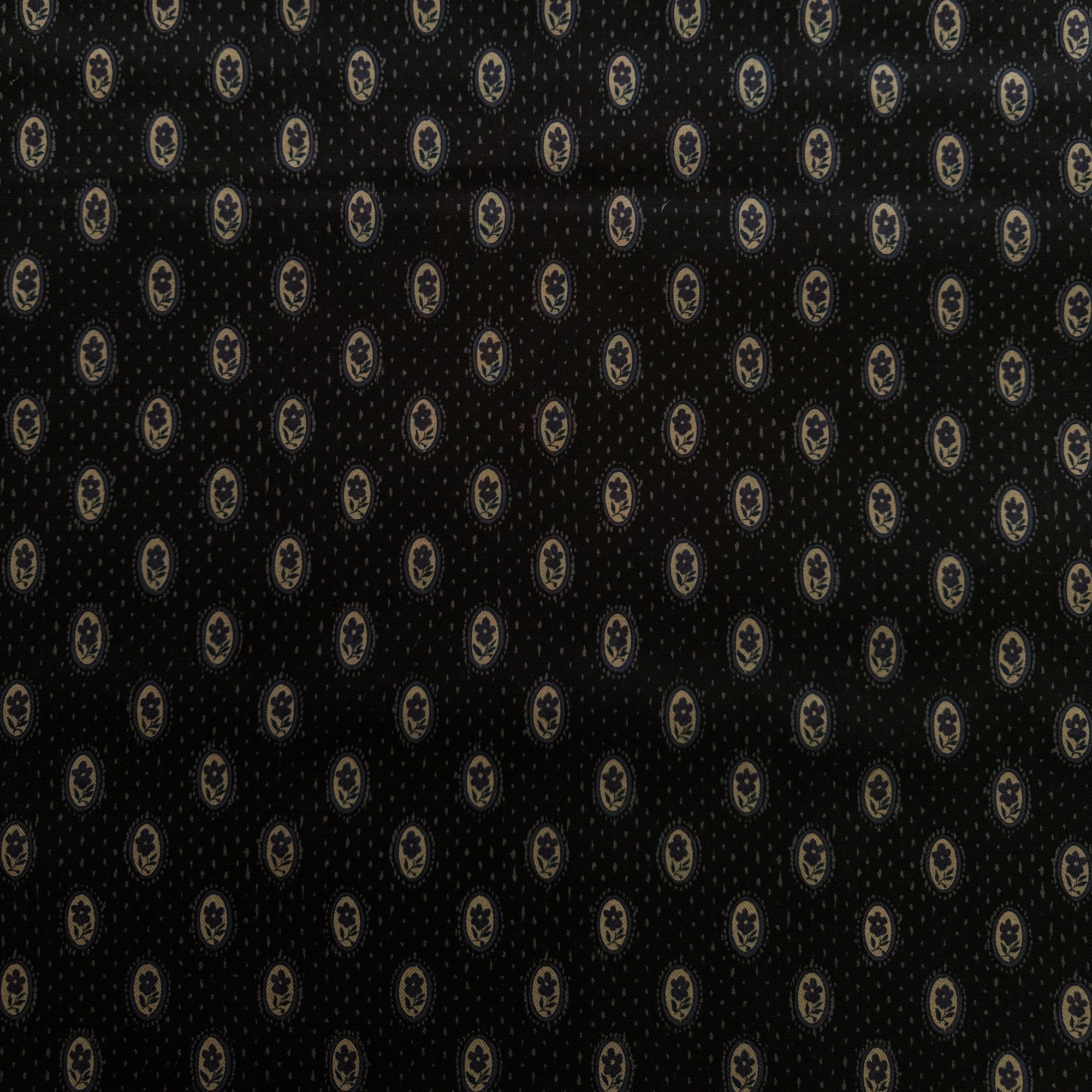 Hokkoh OSKikka, Framed Flowers, Violet and Grey on Black, Cotton Viyella, 1/4 yard