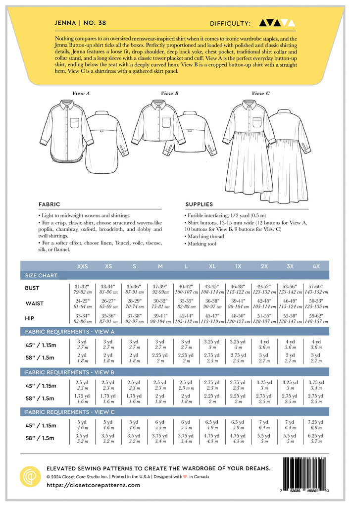 Closet Core Patterns, Jenna Shirt + Shirtdress Pattern