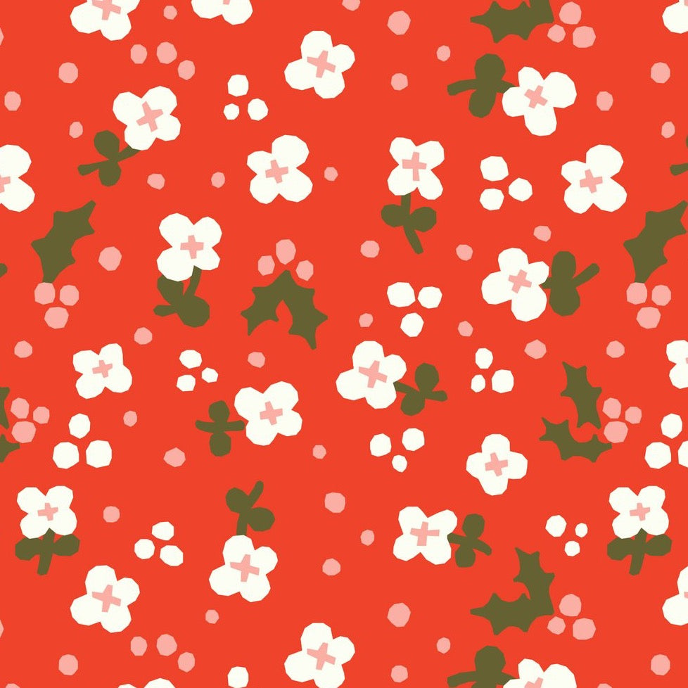 Little House Cottons, Christmas Sweater, Holly "Berry" Organic Cotton Poplin fabric, multiple, 1/4 yard