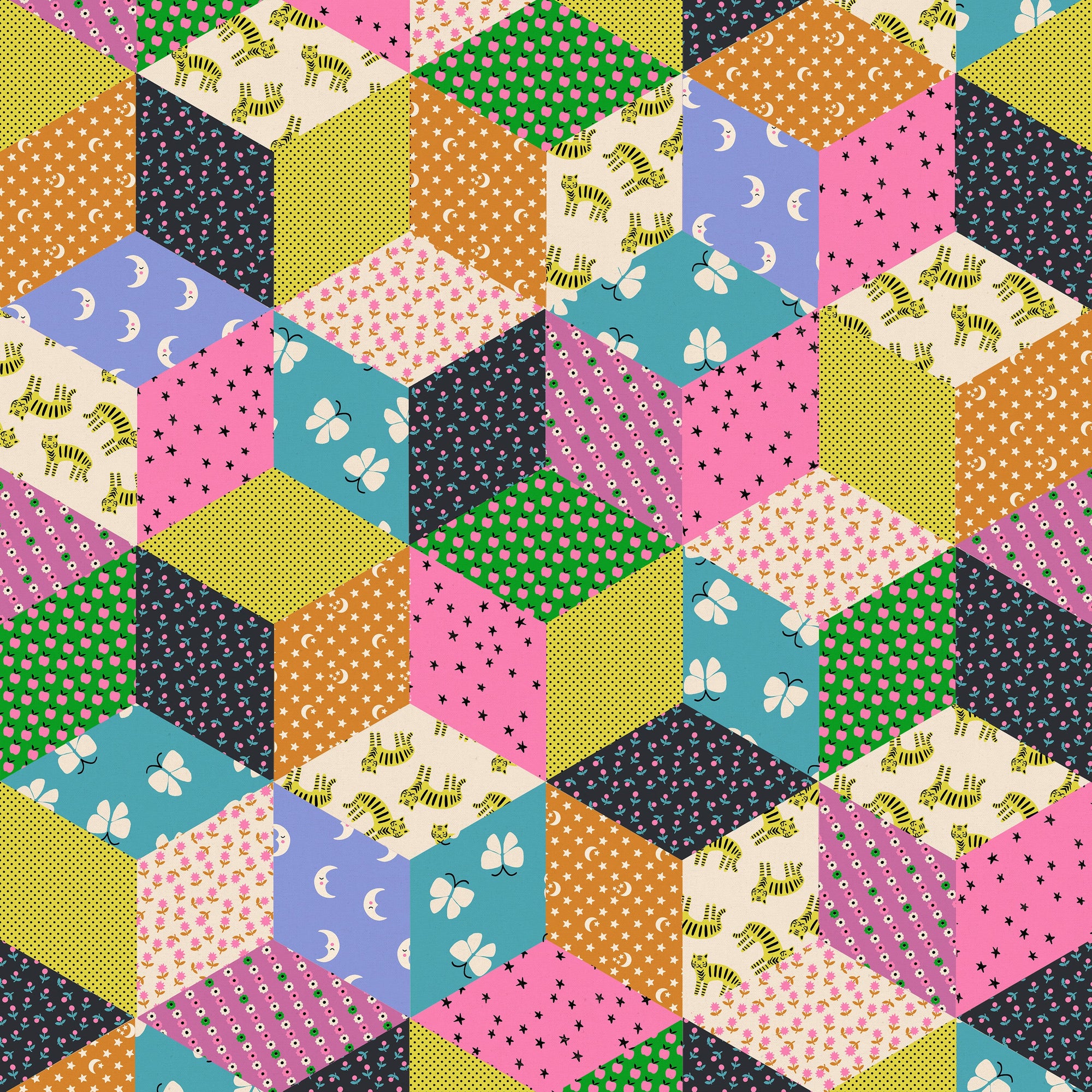 Ruby Star Society, Ooh Lucky Lucky Tumbling Blocks Canvas, Heliotrope or Citron, 1/4 yard