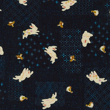 Sevenberry Kasuri Cotton Fabric, Rabbits and Birds, 1/4 yard
