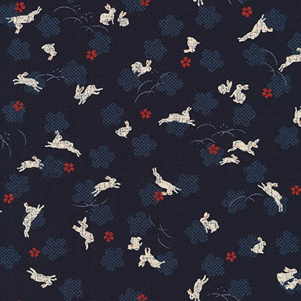 Sevenberry Kasuri Cotton Fabric, Rabbits with Flowers, 1/4 yard