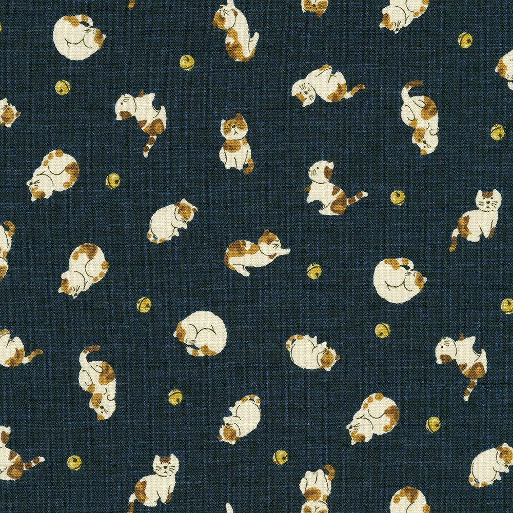 Sevenberry Kasuri Cotton Fabric, Kittens and Bells, 1/4 yard