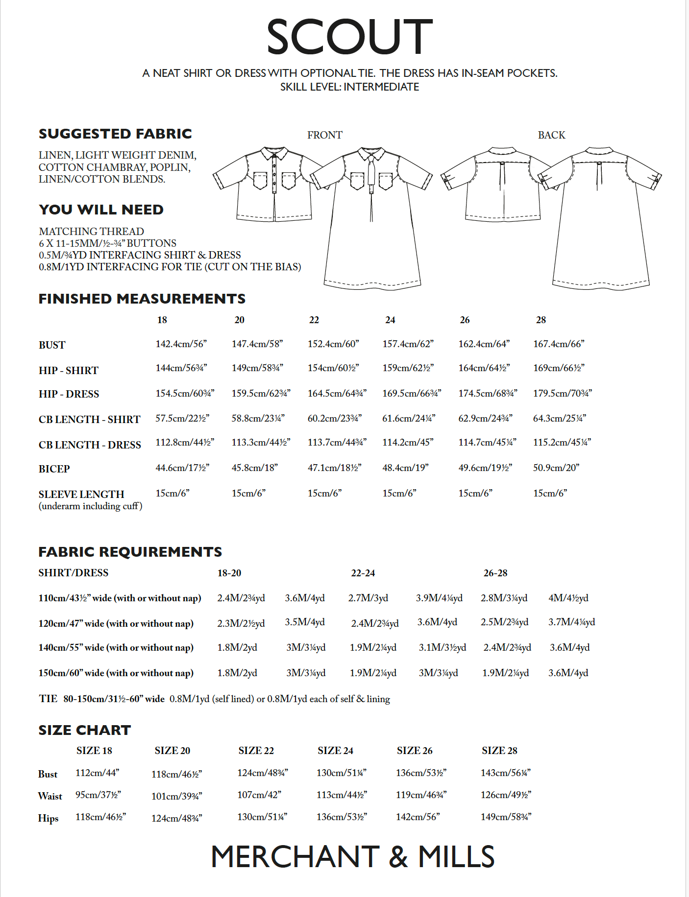 Merchant & Mills, The Scout Dress or Top PDF Pattern, two size ranges, with or without printing