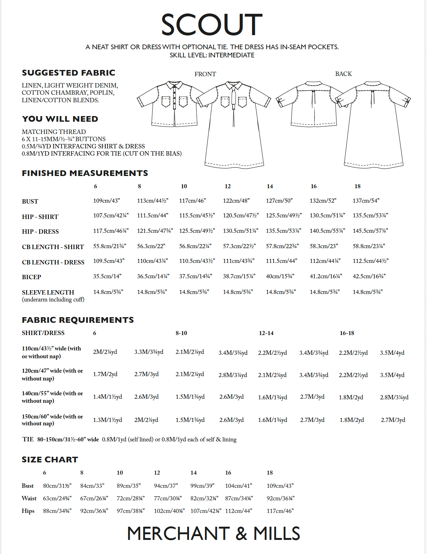 Merchant & Mills, The Scout Dress or Top PDF Pattern, two size ranges, with or without printing