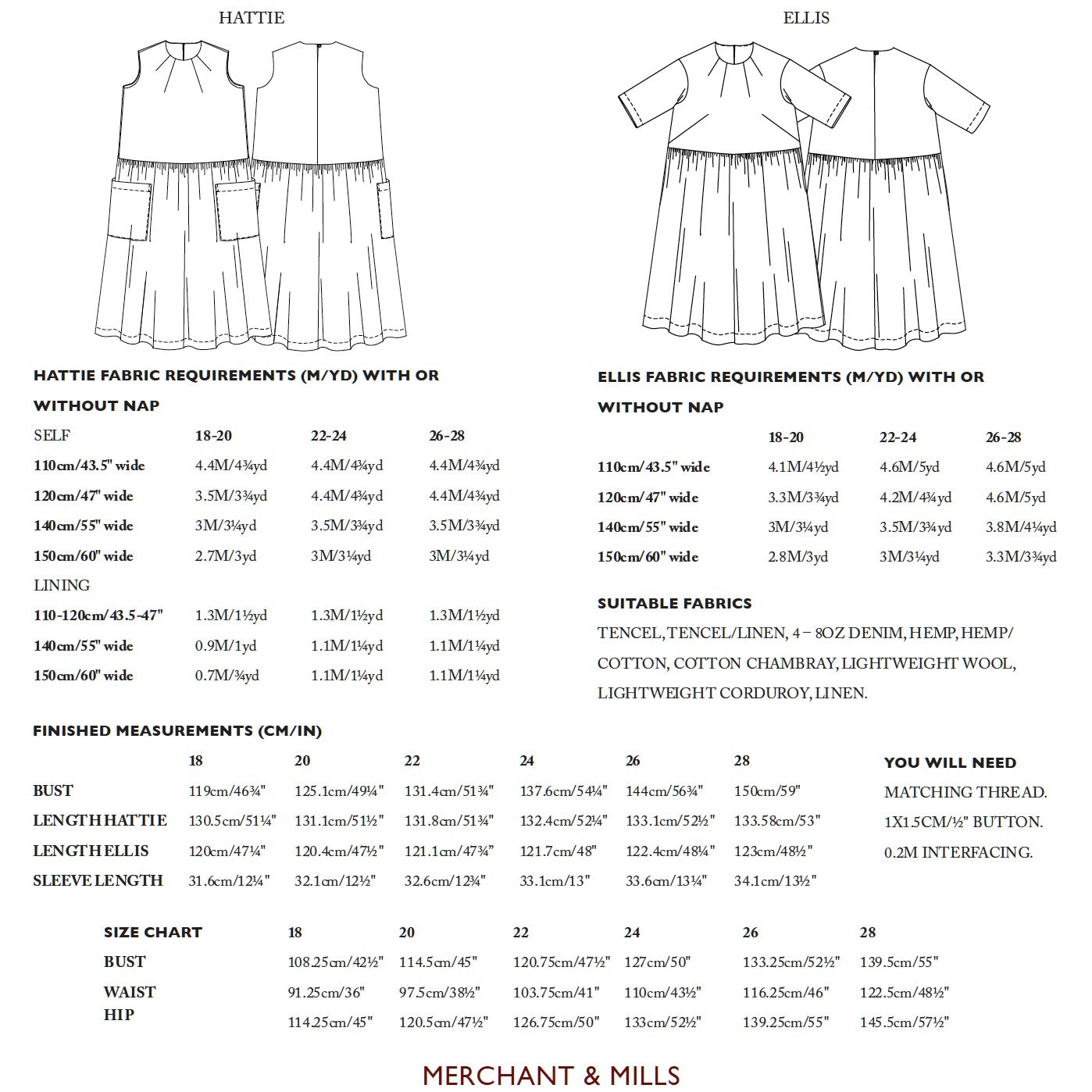 Merchant & Mills, Ellis and Hattie Dress PDF Pattern, two size ranges, with or without printing