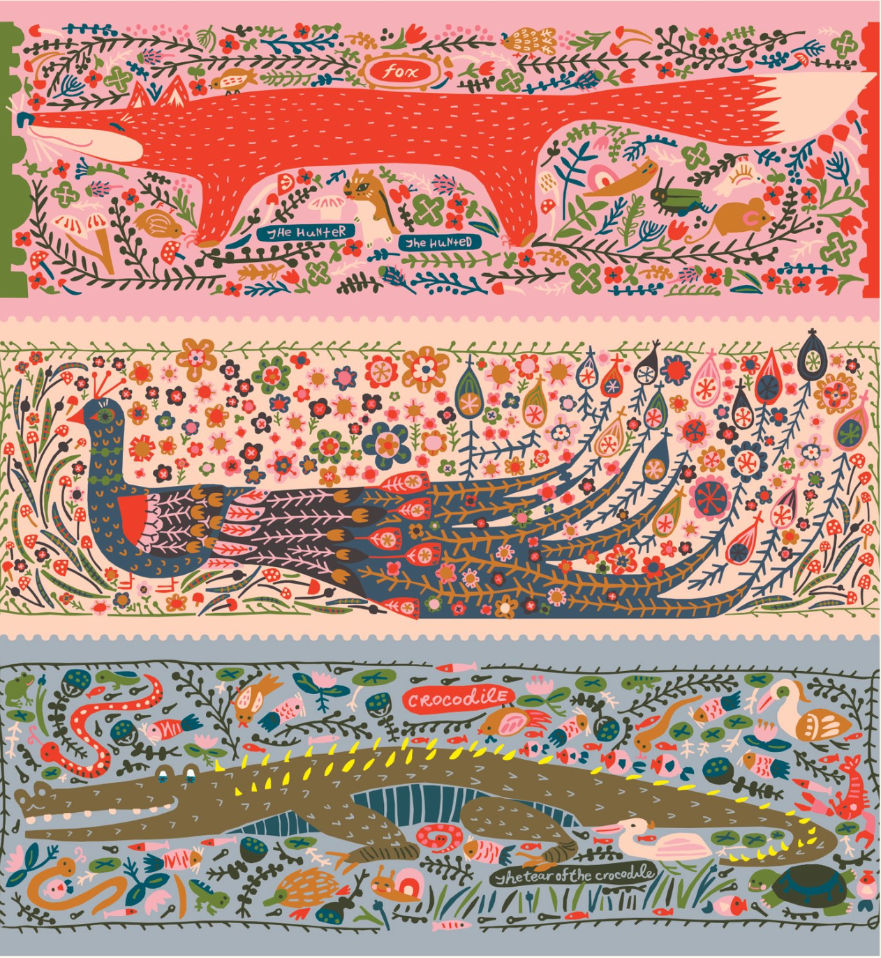 Little House Cottons, Fox, Peacock and Crocodile Panel, Organic Cotton Poplin Fabric Panel, 57" square