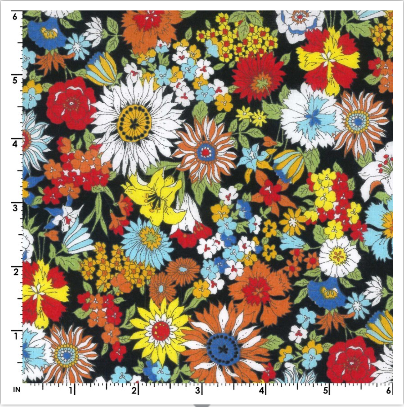 Kokka Flownny, Japanese Cotton Lawn, "Multi Daisies" on black (2F), 1/4 yard