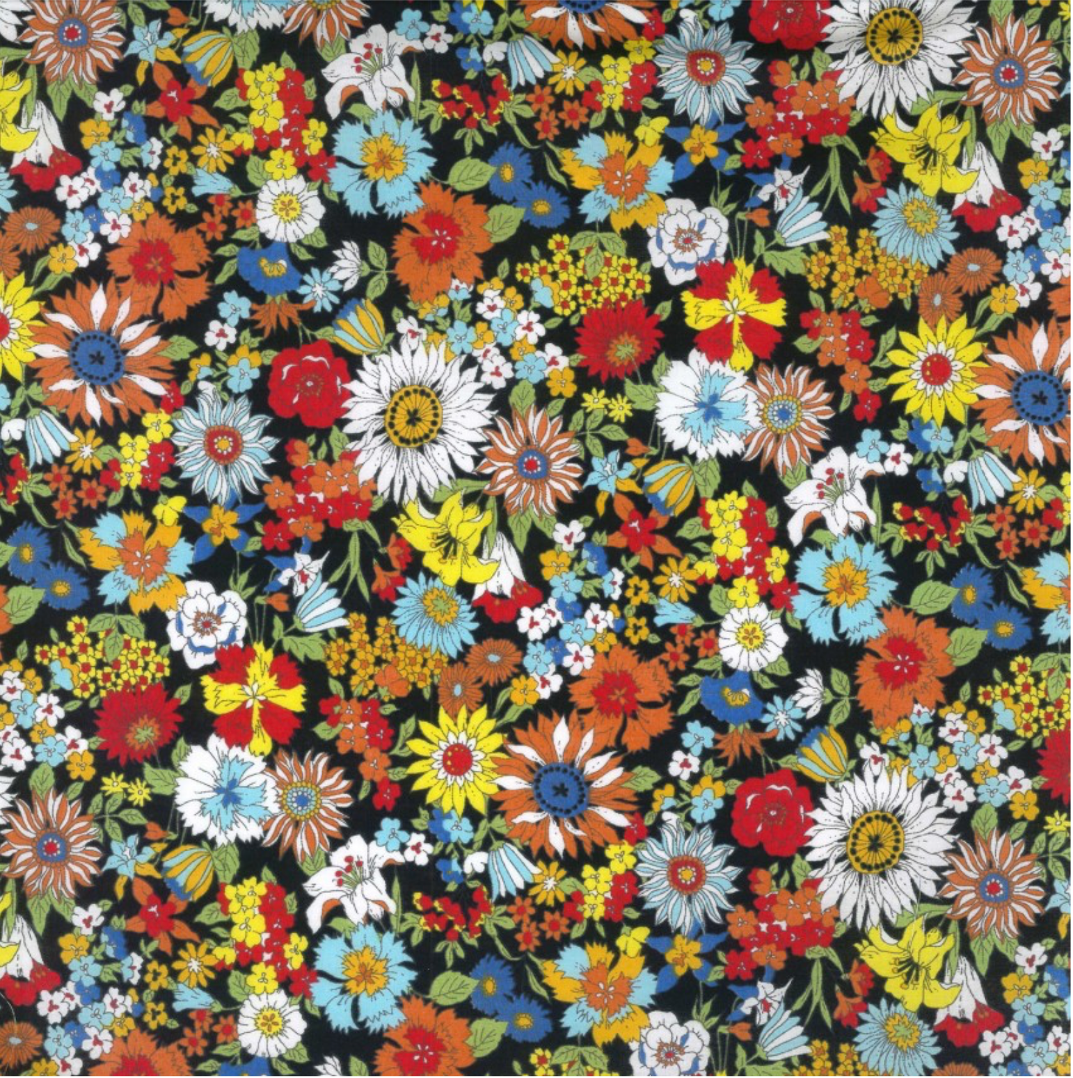 Kokka Flownny, Japanese Cotton Lawn, "Multi Daisies" on black (2F), 1/4 yard