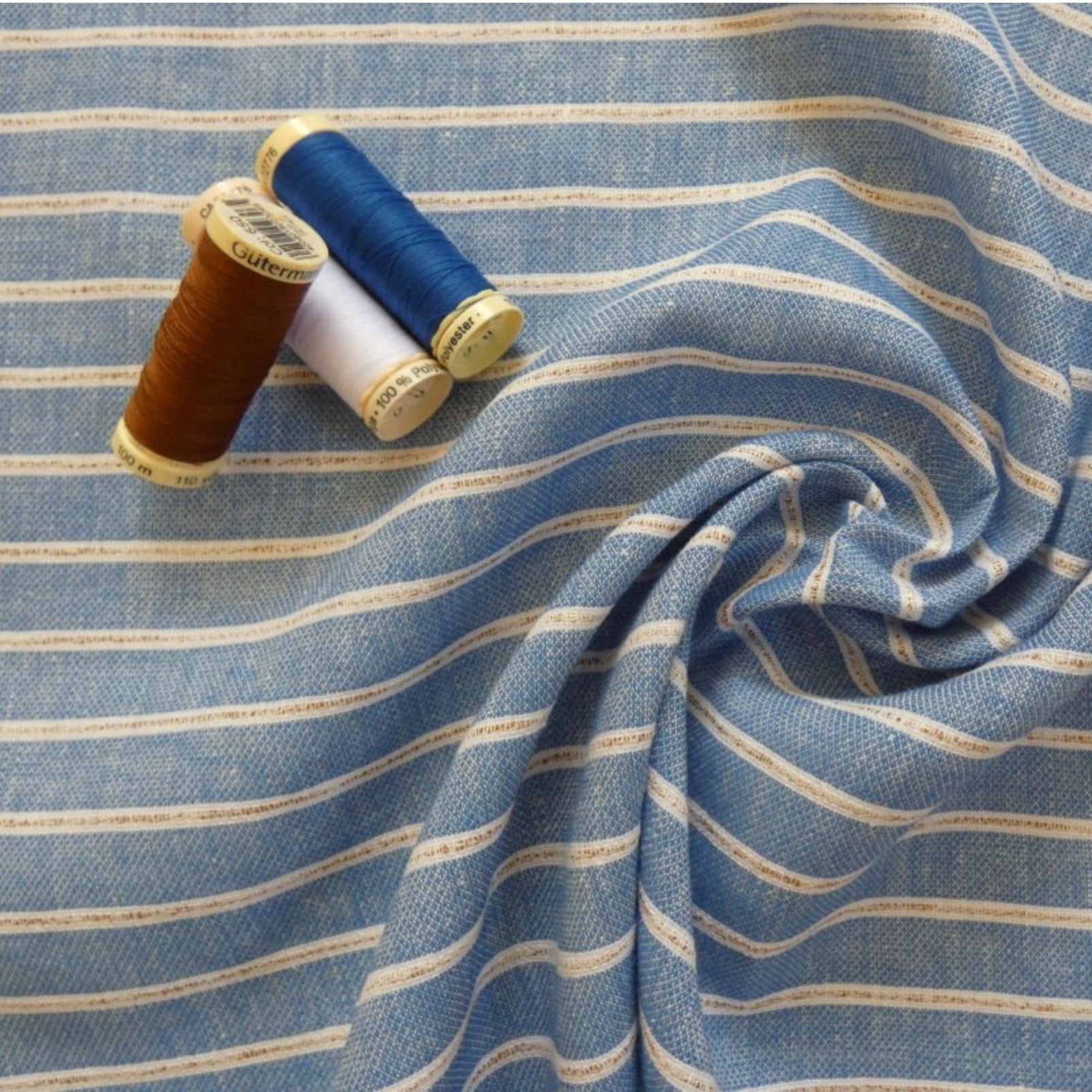 Designer Deadstock, Blue with white/terracotta Textured Linen Stripe, 1/4 yard