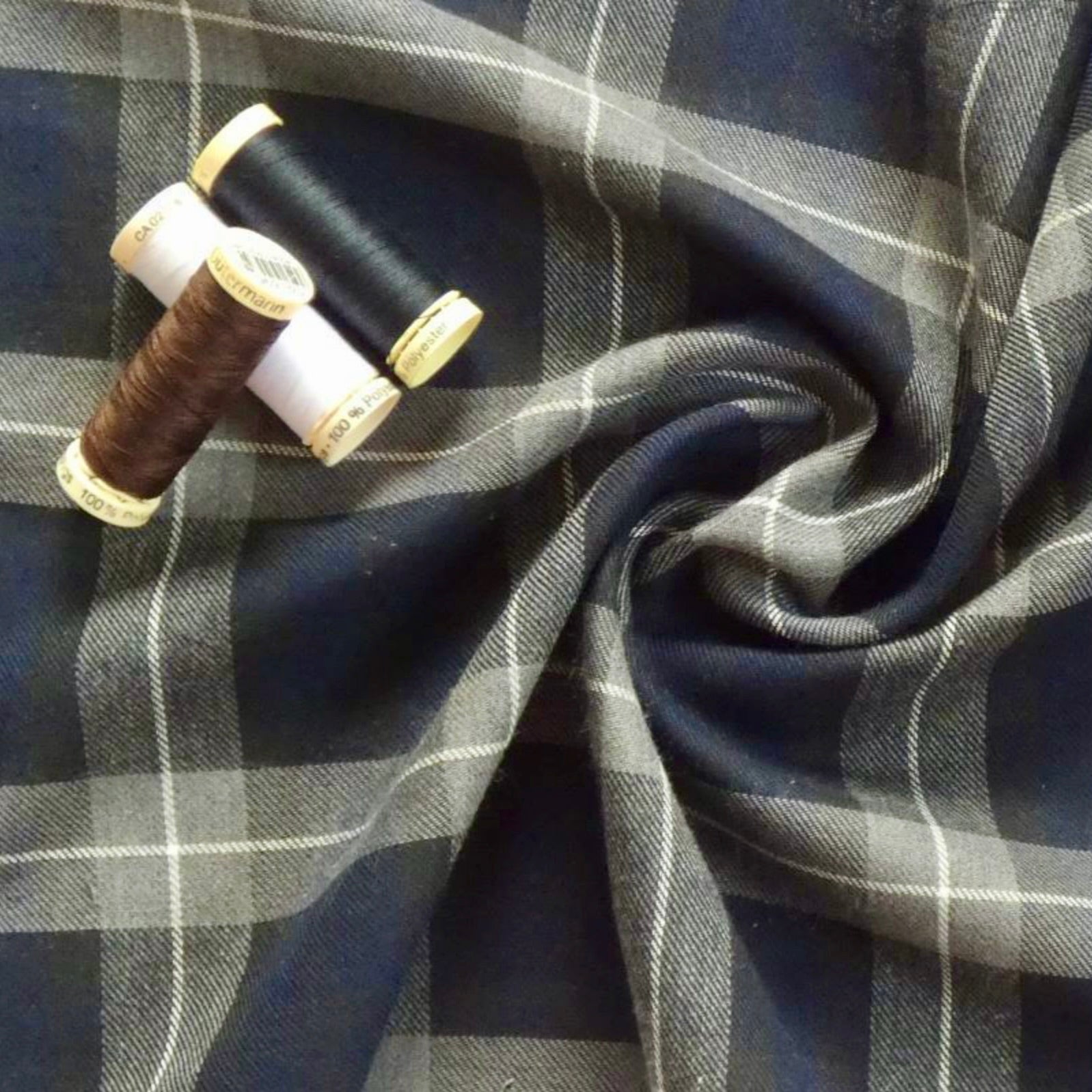 Designer Deadstock, Blue, grey and Sage Plaid Brushed Cotton Shirting, 1/4 yard