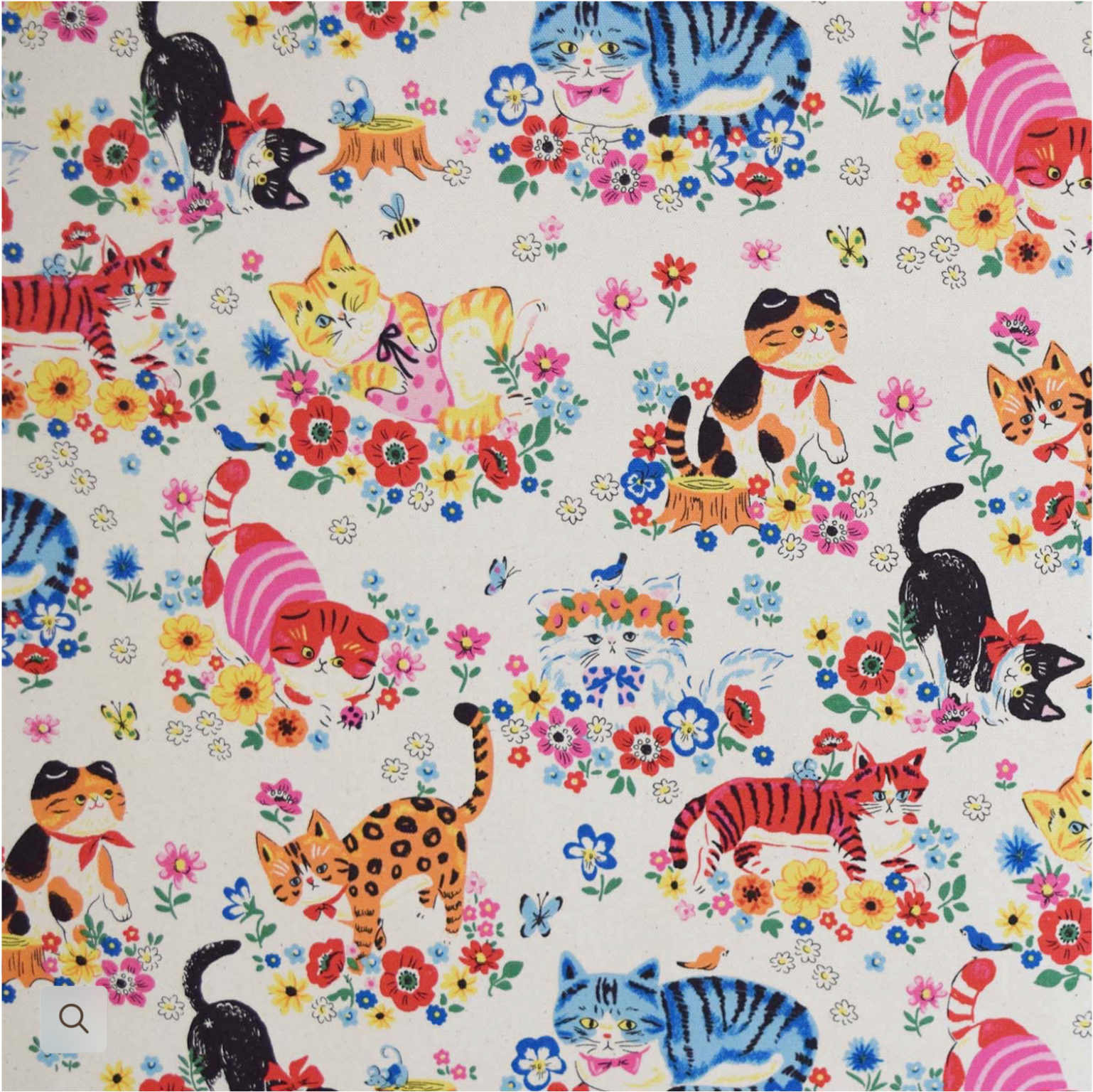 Kokka Powerful Animal Cat Floral GardenCotton Oxford Fabric, 1/4 yard
