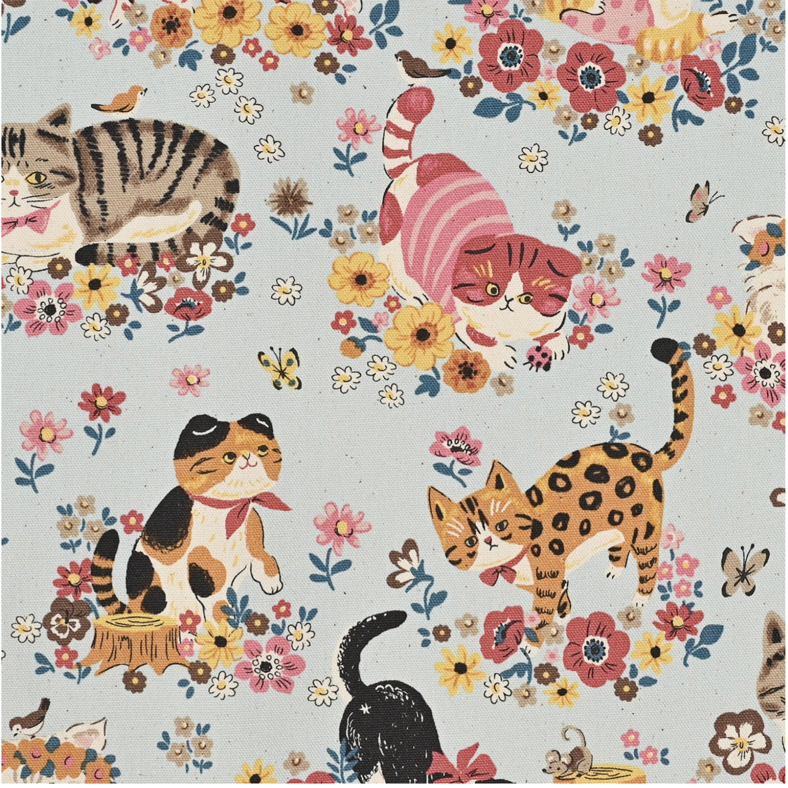 Kokka Powerful Animal Cat Floral GardenCotton Oxford Fabric, 1/4 yard