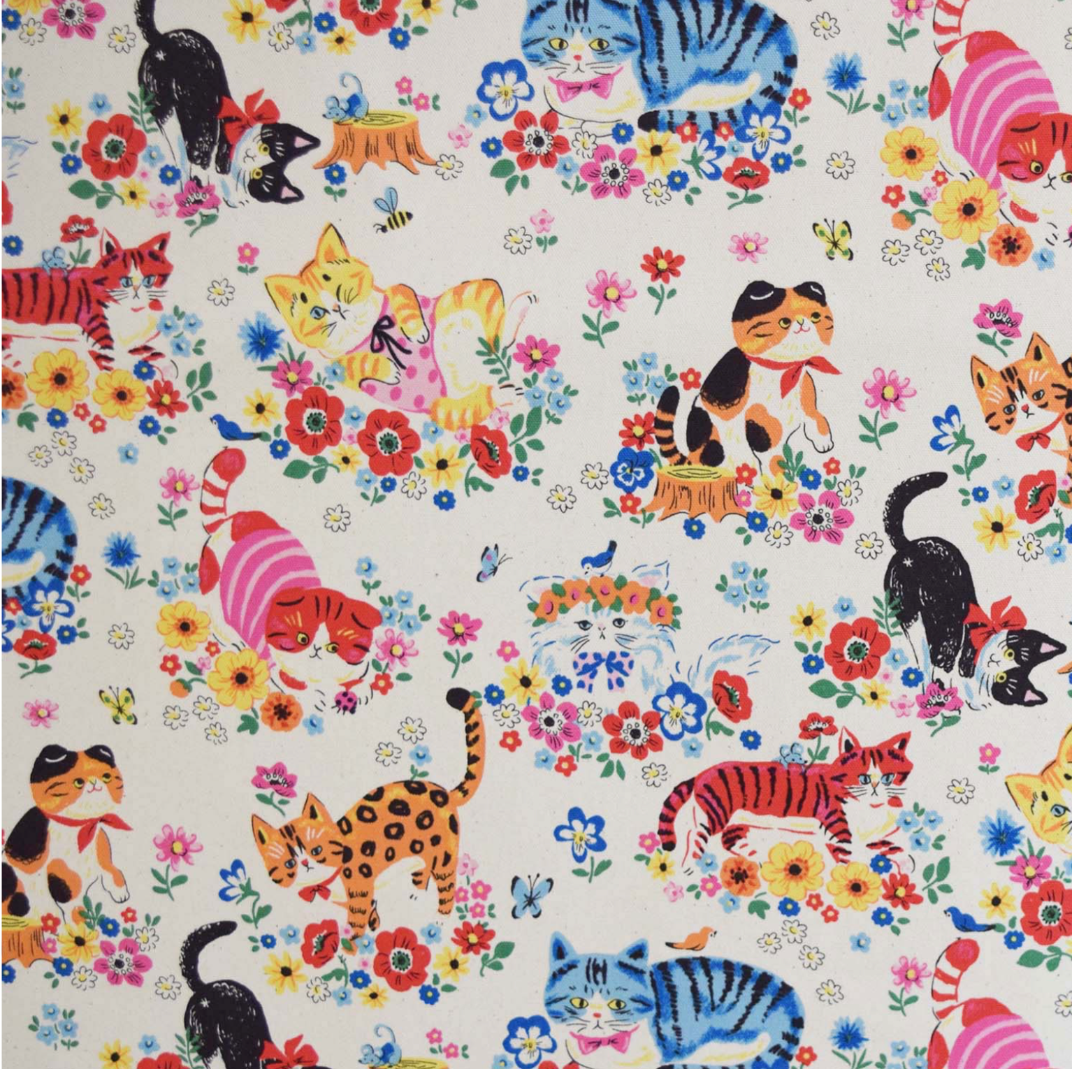 Kokka Powerful Animal Cat Floral GardenCotton Oxford Fabric, 1/4 yard