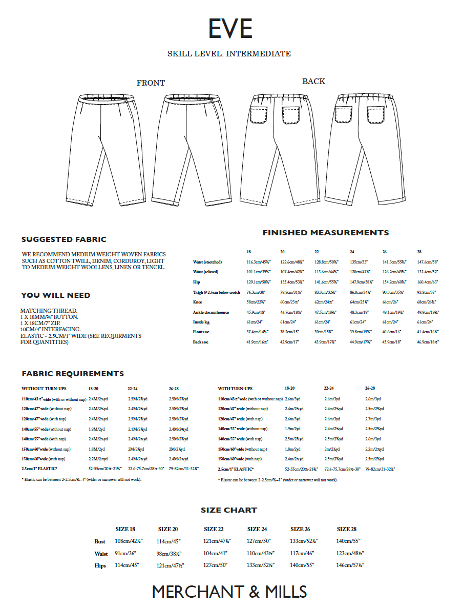 Merchant & Mills, Eve Trousers Paper Pattern