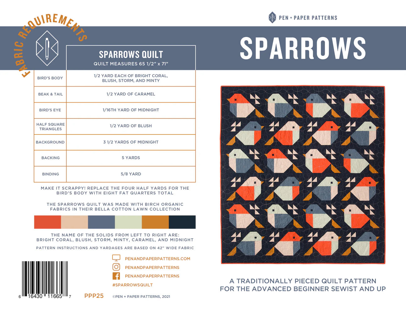 Pen and Paper Sparrows Printed Quilt Pattern