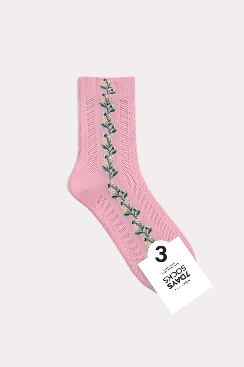 Women's Crew See-Through Flower Twist Socks, Pink