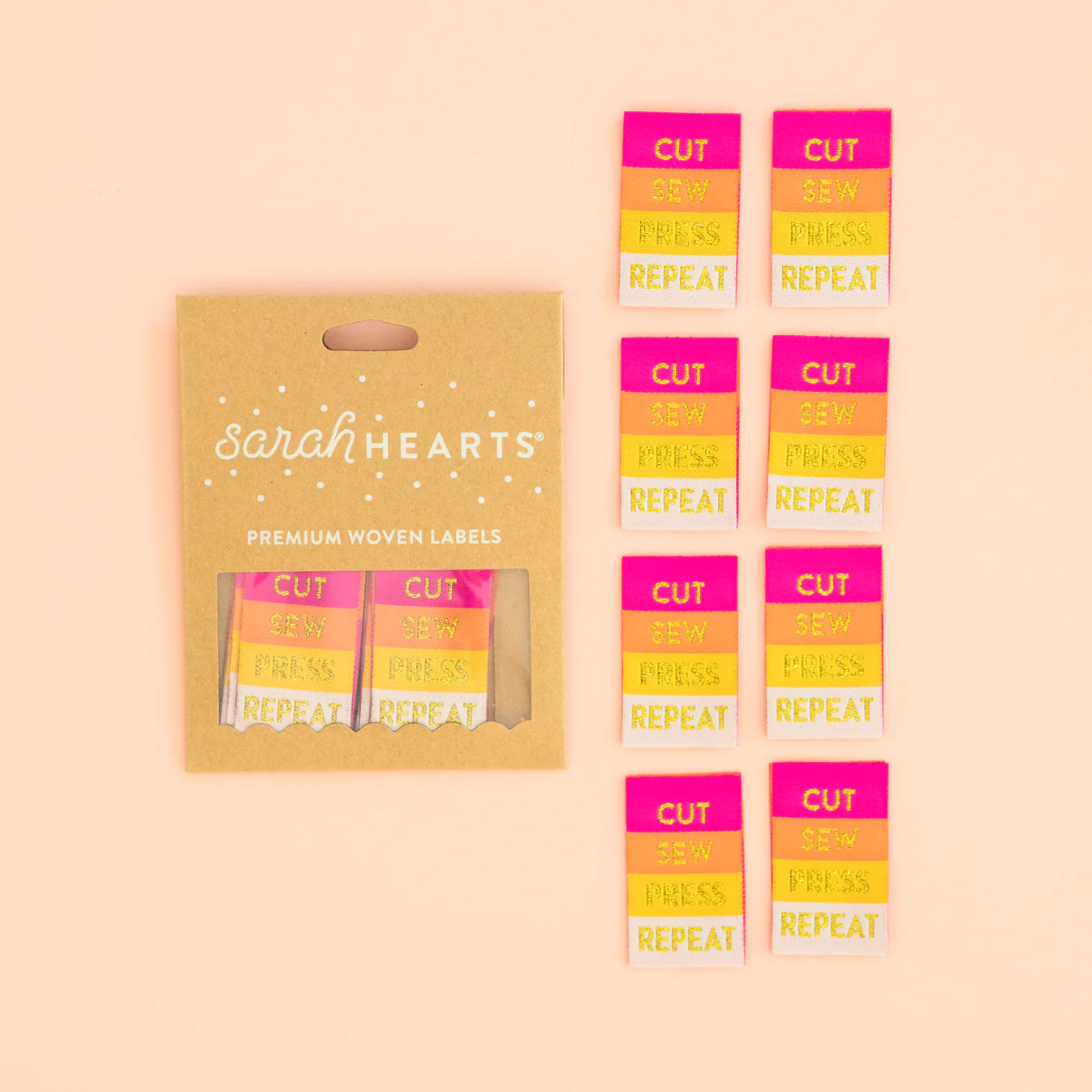 Sarah Hearts "Cut Sew Press Repeat" Woven Labels,