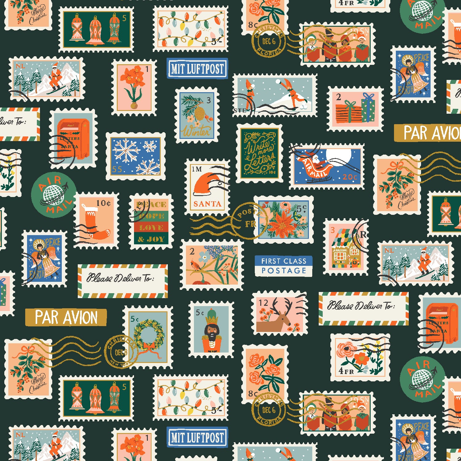 Rifle Paper Co, Holiday Classics - Holiday Stamps - Evergreen Metallic Fabric, 1/4 yard