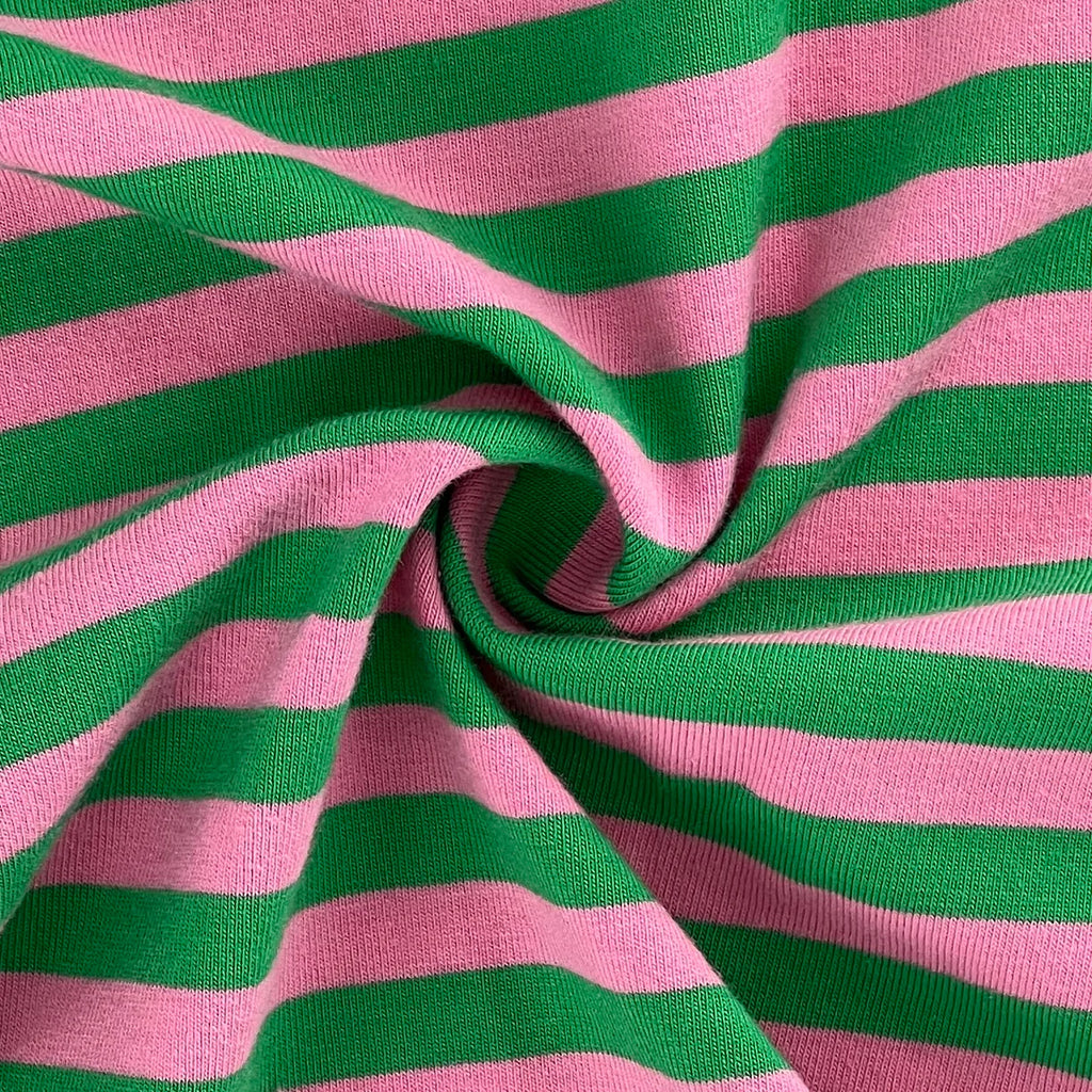 Pink and Green Stripe, cotton/spandex knit, Designer Deadstock, 1/4 yard