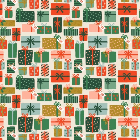 Rifle Paper Co, Holiday Classics - Holiday Gifts- Cream Metallic Fabric, 1/4 yard