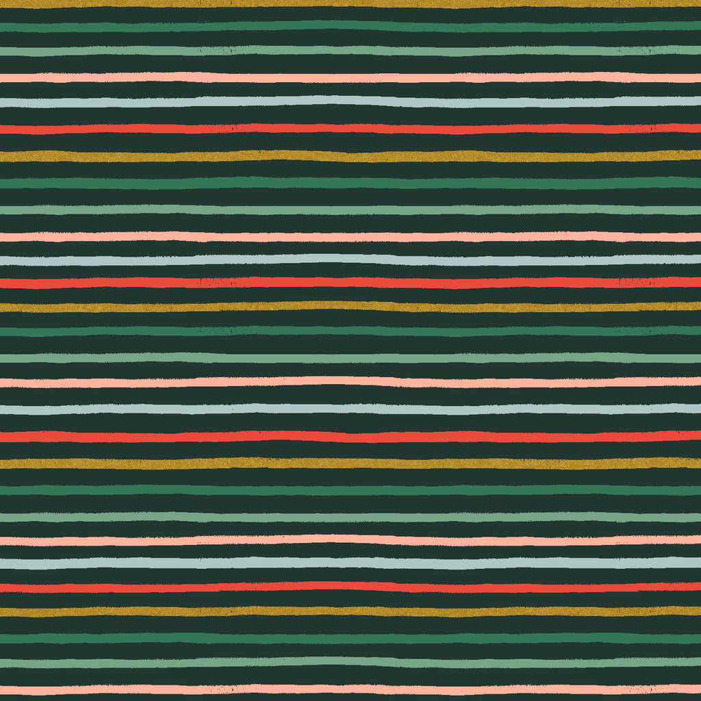 Rifle Paper Co, Holiday Classics II - Festive Stripe - Evergreen Metallic Fabric, 1/4 yard