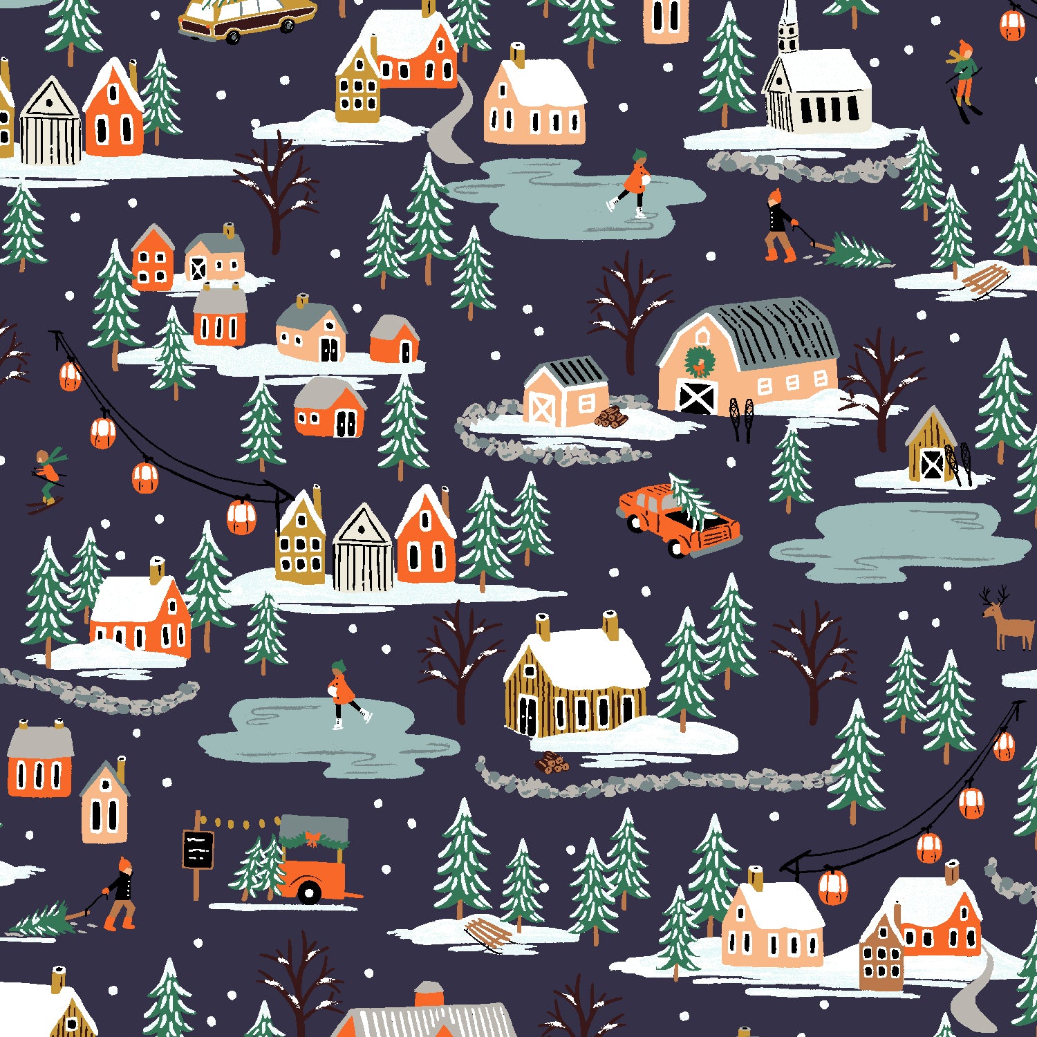 Rifle Paper Co, Holiday Classics - Holiday Village - Navy Fabric, 1/4 yard