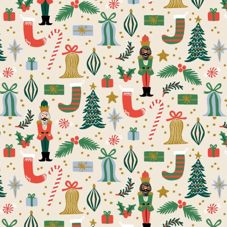 Rifle Paper Co, Holiday Classics II - Deck The Halls - Cream Metallic Fabric, 1/4 yard
