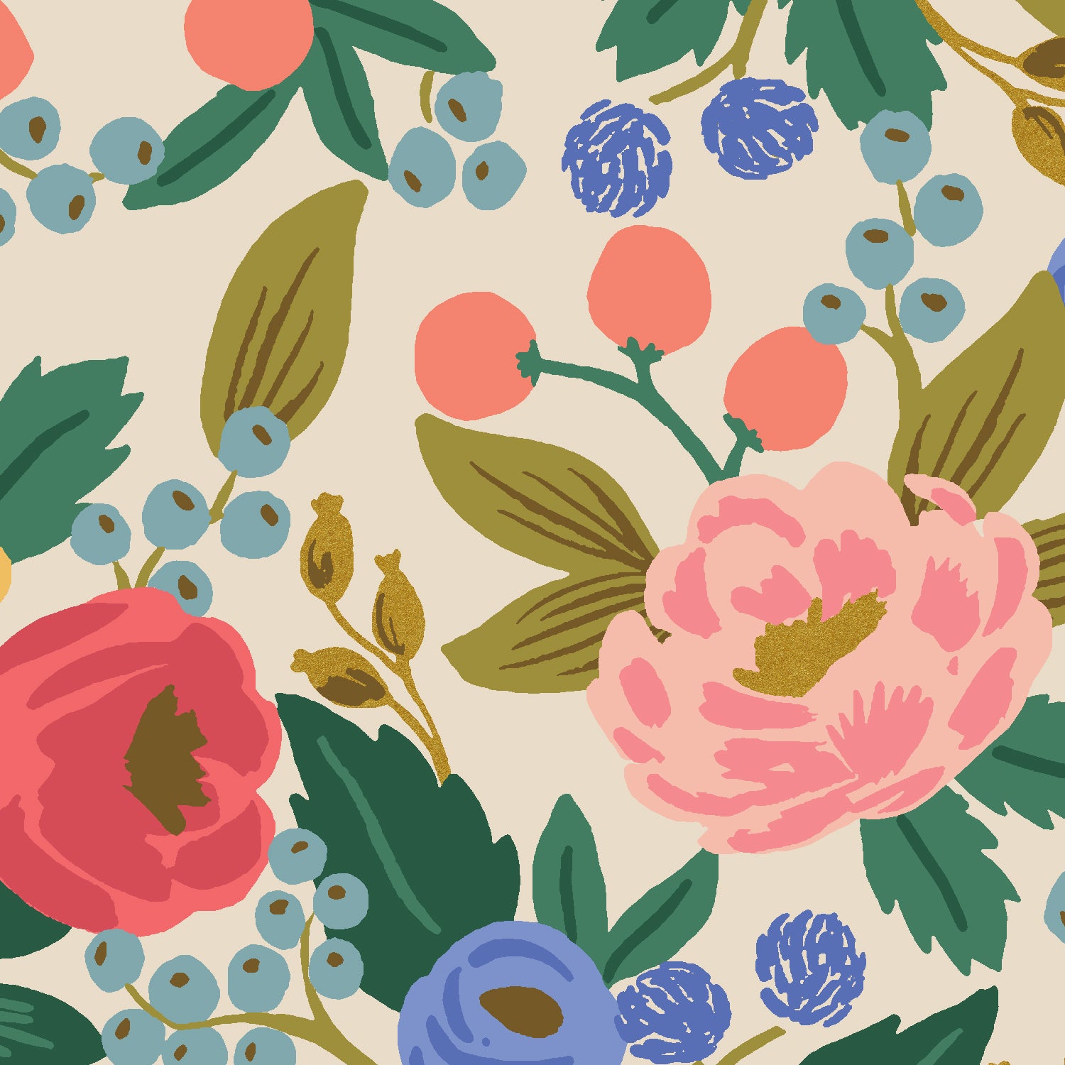 Rifle Paper Co. Vintage Garden - Vintage Blossom - Cream Canvas Metallic Fabric, 1/4 yard