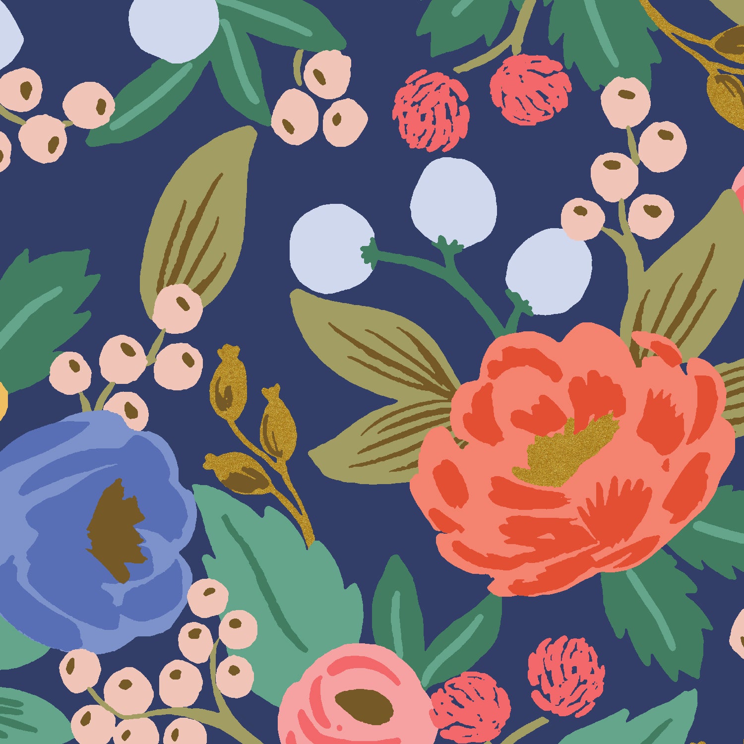 Rifle Paper Co. Vintage Garden - Vintage Blossom - Blue Canvas Metallic Fabric, 1/4 yard