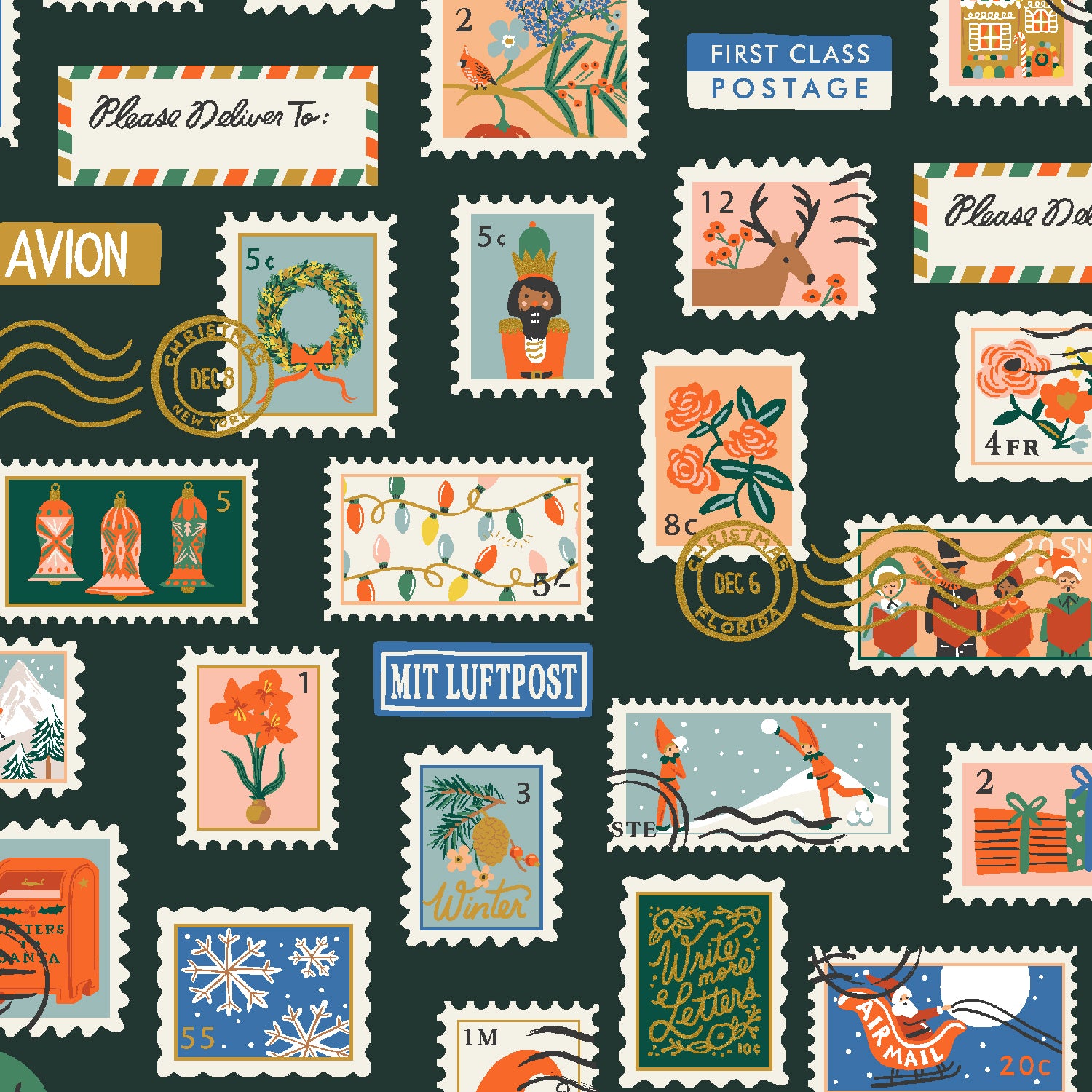 Sale, Rifle Paper Co, Holiday Classics - Holiday Stamps - Evergreen Metallic Canvas Fabric, 1/4 yard