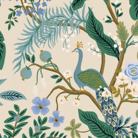 Rifle Paper Co, Vintage Garden - Peacock - Cream Canvas Metallic Fabric, 1/4 yard